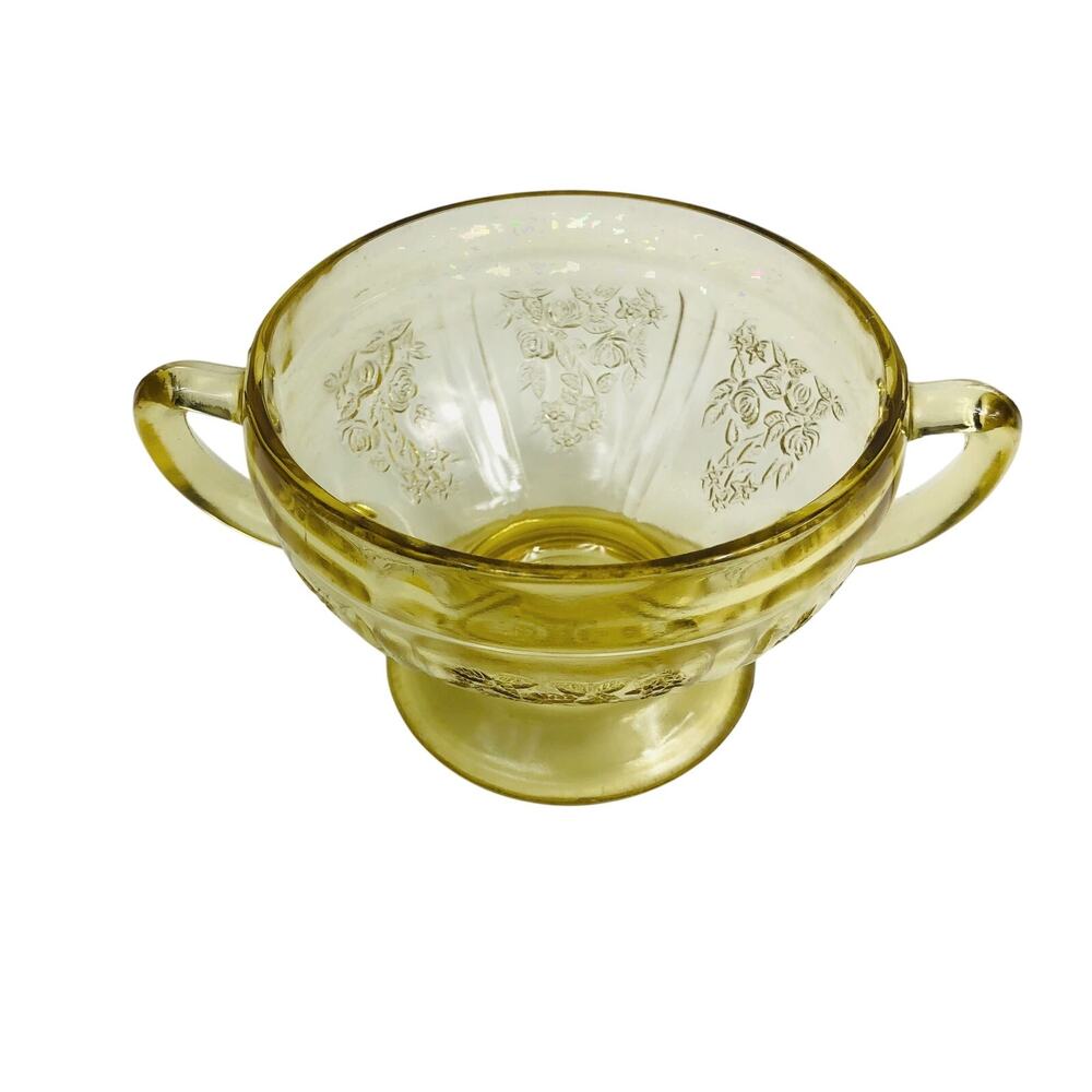 Amber Federal Glass Depression Glass Sharon Cabbage Rose Open Sugar Bowl READ